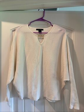 Faith & Zoe Ivory Ribbed Crew Sweater with Chain Accent